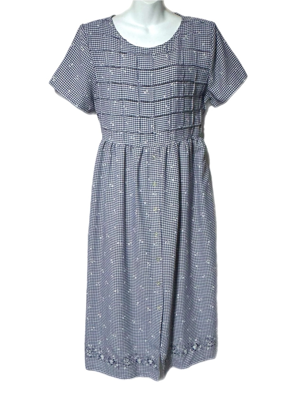 NWT Erika Studio Dress L Navy Gingham Embroidered Cottagecore Prairie Tie Back
